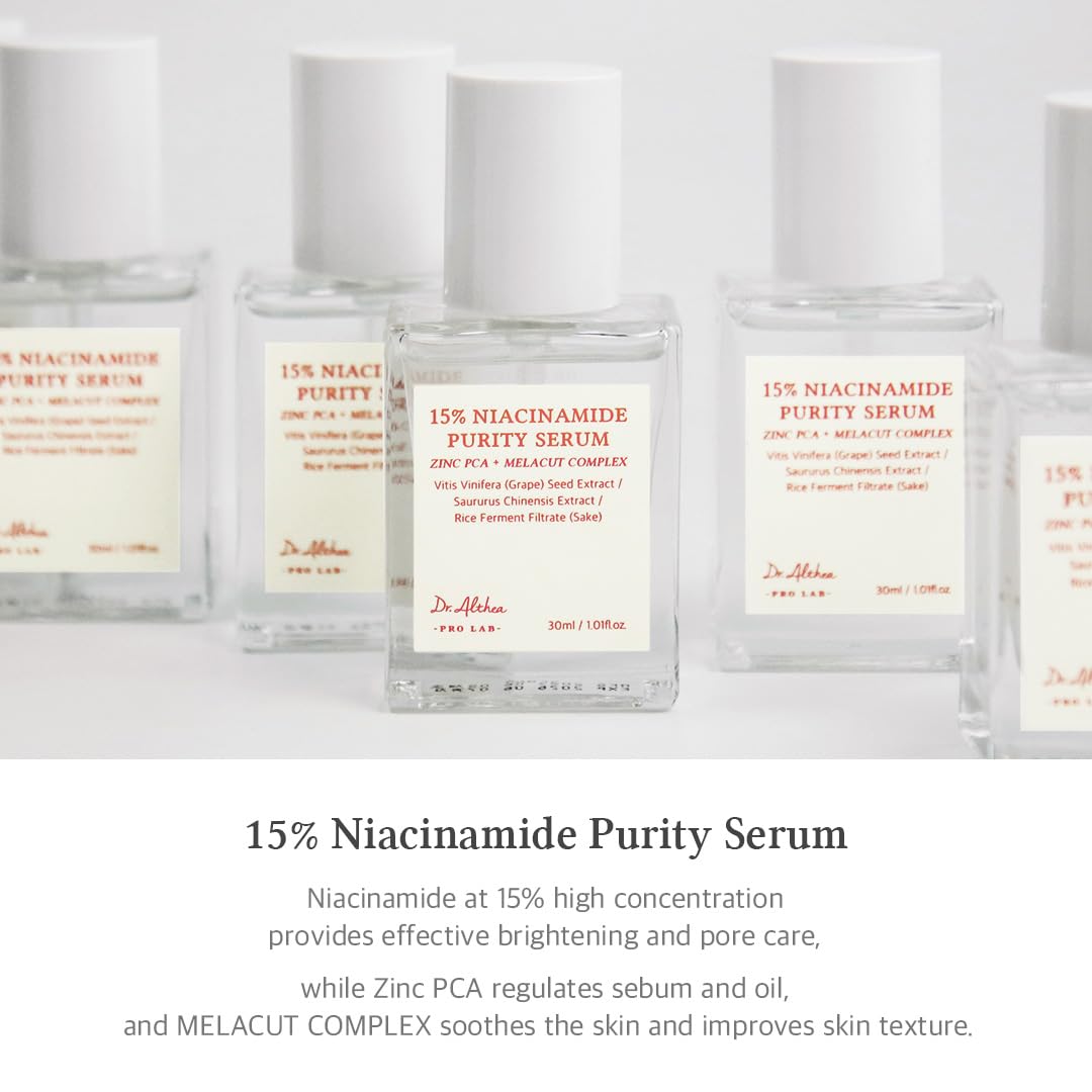 Multiple bottles of 15% Niacinamide Purity Serum with labels on a light gray background.