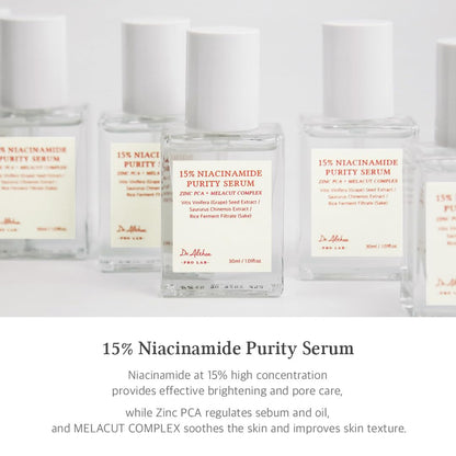 Multiple bottles of 15% Niacinamide Purity Serum with labels on a light gray background.