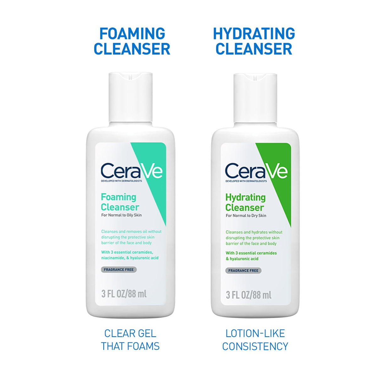 Two bottles of CeraVe cleansers on a white background