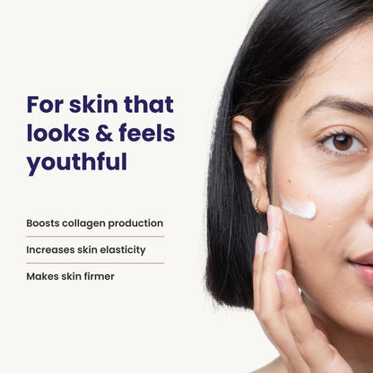 Woman applying cream to her face with text about skincare benefits on a white background