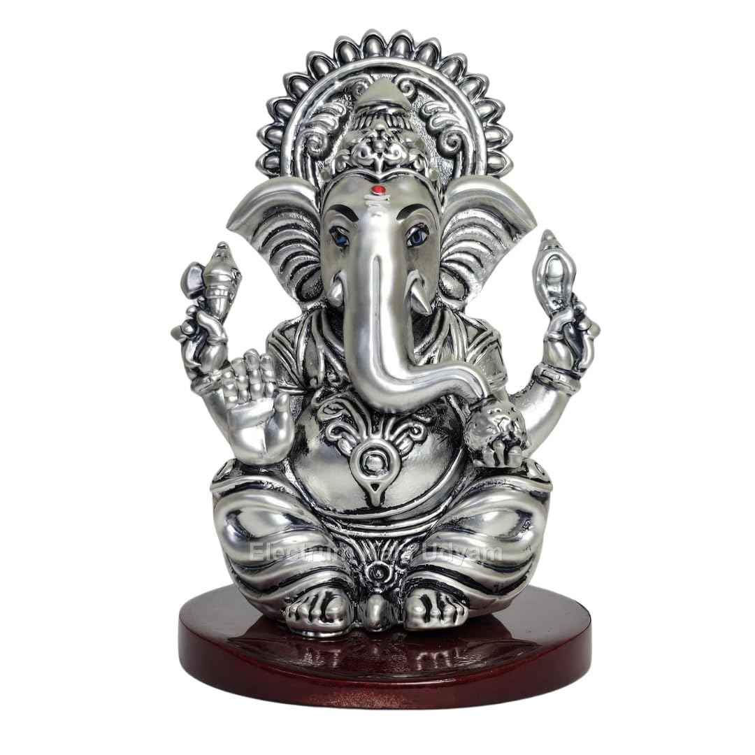 Vakaratunda Silver Plated Ganesha for Car Dashboard | Vinayaka for Office Desk &Shelves | Vinayagar for Home Decor & Ideal Housewarming Gift! (VAKARATUNDASIL-ANT-Matte-MDF)