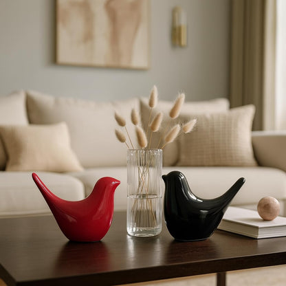 Creative Black and Red Glossy Ceramic Birds Figurines Home Decorations Accessories Party (Pack of 2, Black and Red)