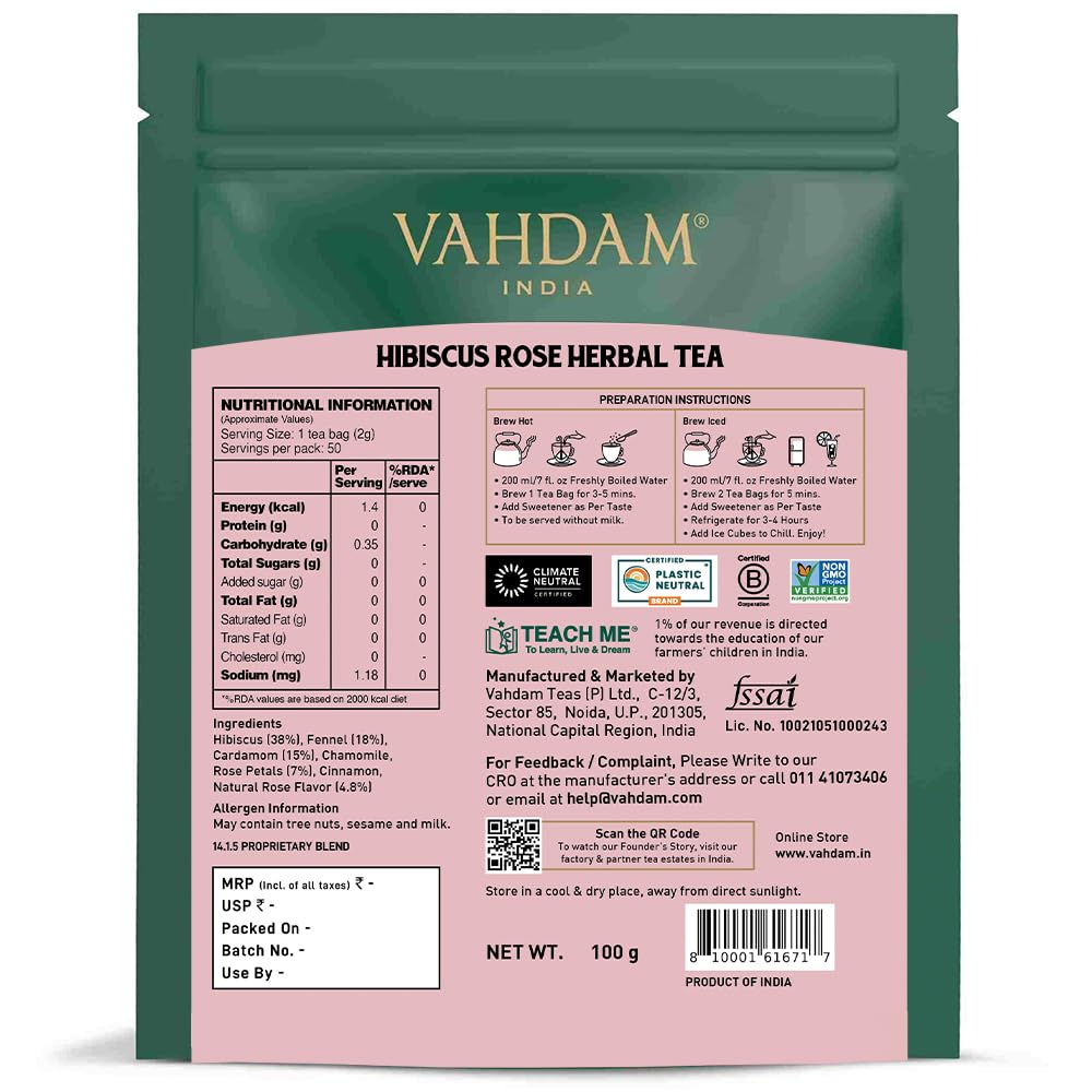 VAHDAM Hibiscus Rose Herbal Infusion - 50 TB | Enhances Skin Glow | Antioxidant & Vitamin C Rich | With Rose Petals, Chamomile & Cardamom | Caffeine Free | Non-GMO