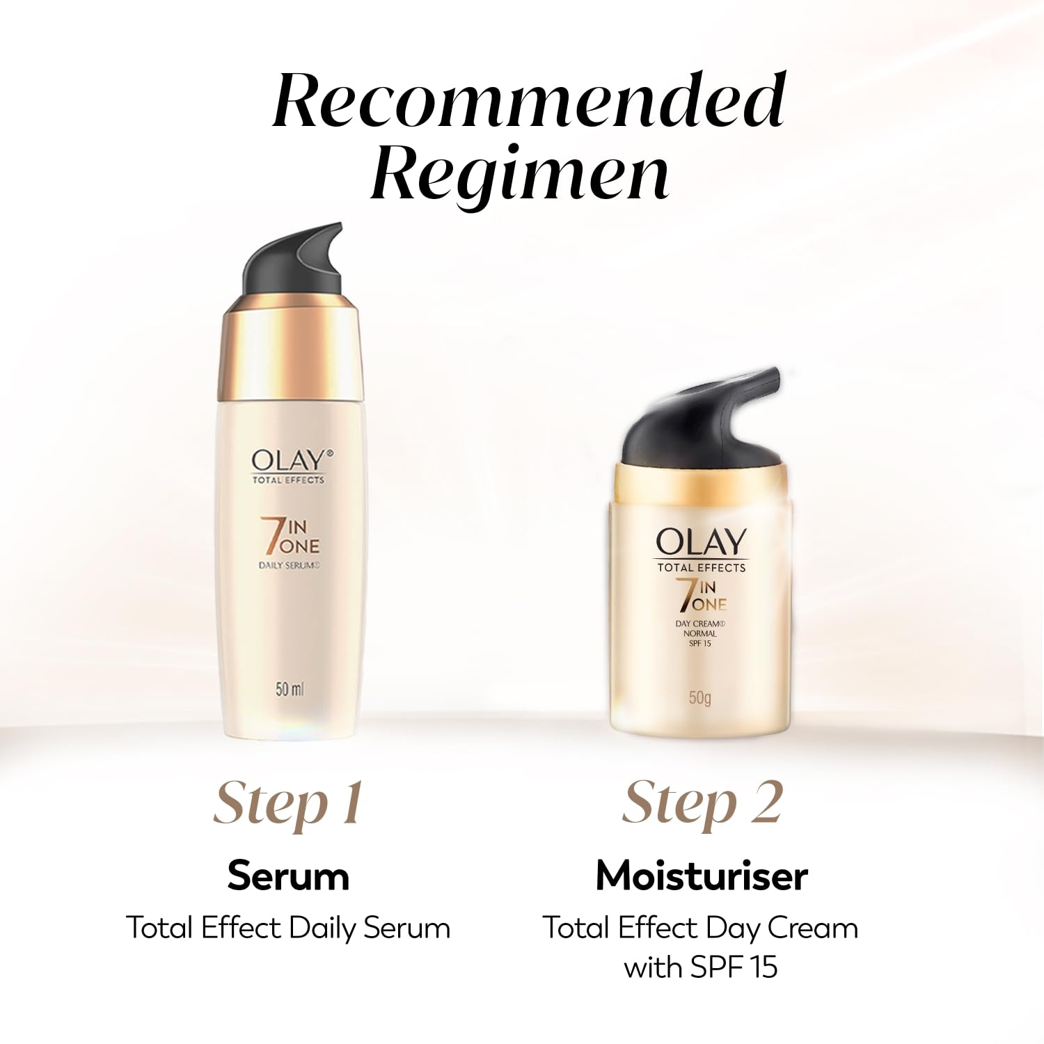 Olay skincare products with 'Recommended Regimen' text on a white background