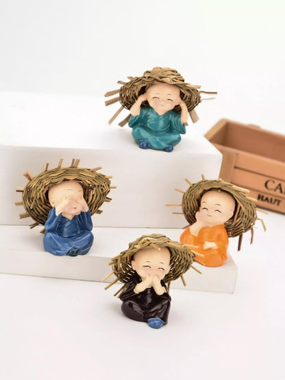 eCraftIndia Set of 4 Resin Buddha Monk Statue with Hat| Think No Evil Speak No Evil Hear No Evil See No Evil| Buddha Statues for Home Decor Living Room Office Car Dashboard Showpiece Gift for Birthday