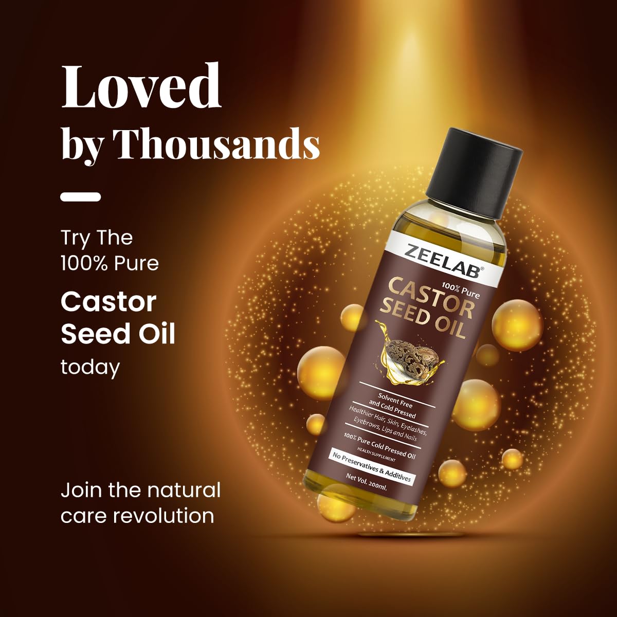Zeelab Castor Seed Oil bottle with glowing effect on a dark background
