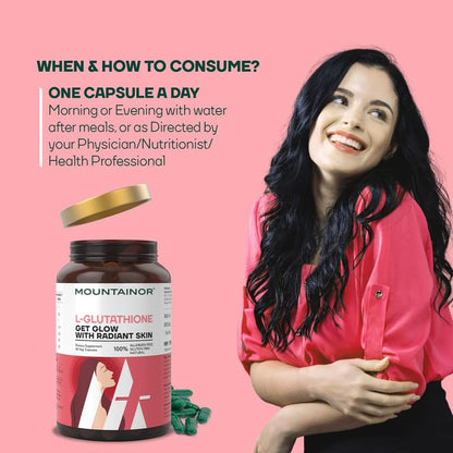 Woman with a supplement bottle on a pink background, displaying product and usage information.