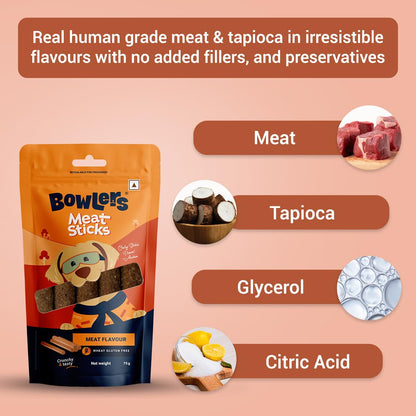 Bowlers Dog Treats Meat Sticks| 70g | Good for Dental Hygiene | High on Protien|Low in Fat | Grain Free | Handmade Treats