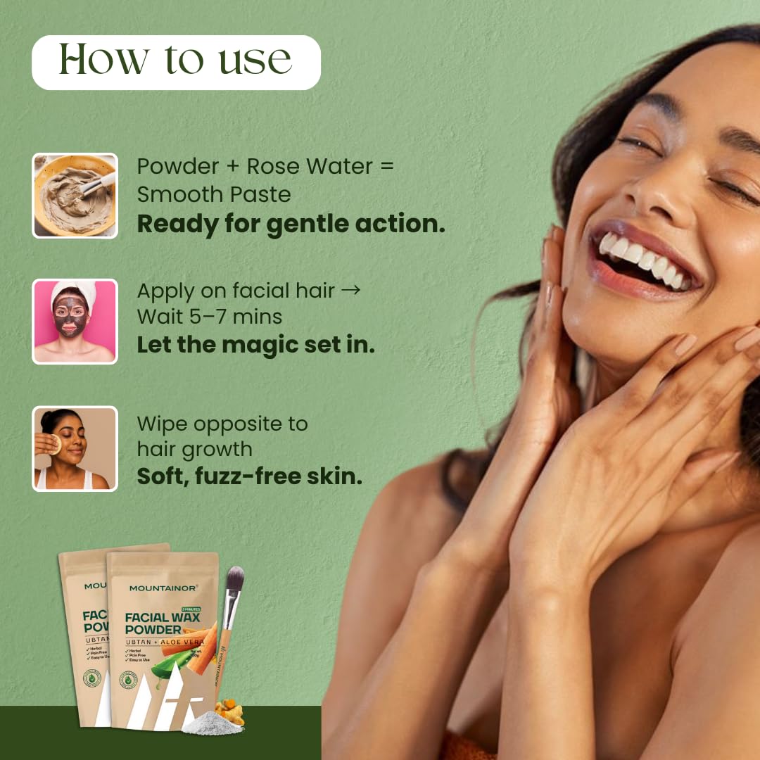 Instructions on how to use facial wax powder with a woman applying it, on a green background.