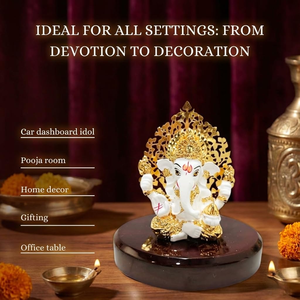 24k Gold Plated Kalpavrikshya Tree Ganesh Idol Ganpati Murti for Car Dashboard, Office Desk, Hindu God Gift & Home Decor - Resin (White)