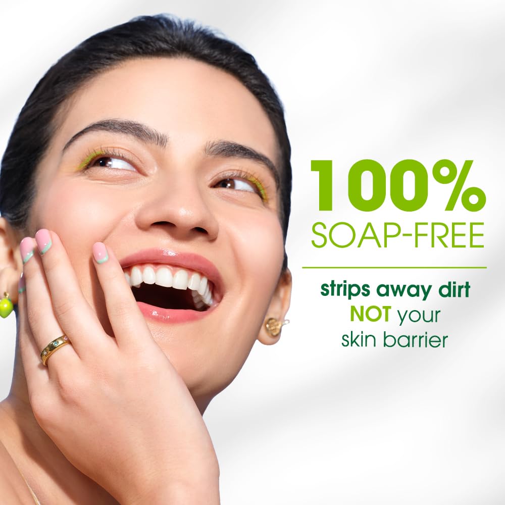 Woman with a happy expression next to text claiming product is 100% soap-free and beneficial for skin health.
