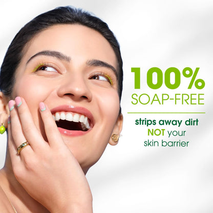 Woman with a happy expression next to text claiming product is 100% soap-free and beneficial for skin health.