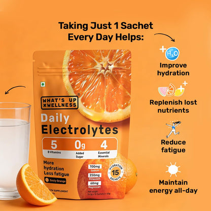 What's Up Wellness Daily Electrolytes Powder - Zesty Orange Flavour | Zero Added Sugar | Instant Hydration - Sodium, Potassium, Magnesium & Zinc | Vegan | 15 Sachets