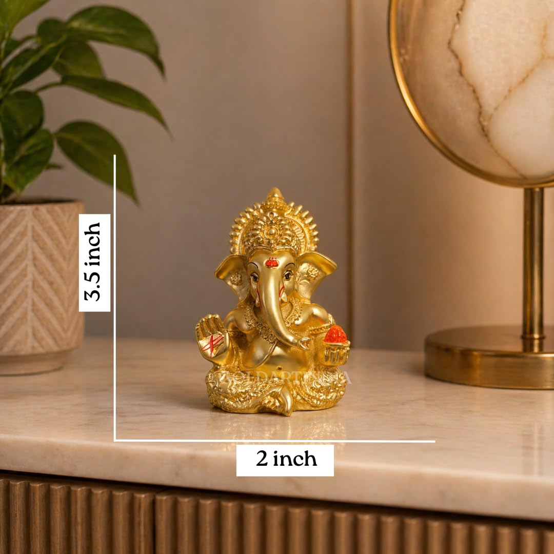 Gold Art India Gold Plated Satin Ganesha/Vinayaka/Vinayagar/Pillayar Idol - Versatile Car Dashboard and Home/Office Decor (MUKUTSATINGOLD 3.5")