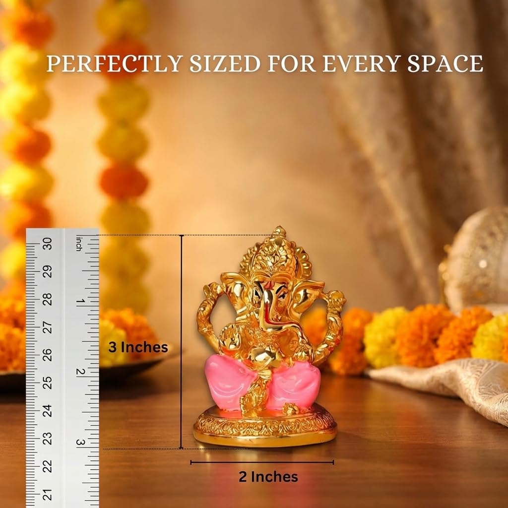 Gold Plated Ganesh Idol | Ganpati Murti for Car Dashboard, Office Desk, Hindu God Gift & Home Decor - Resin (Gold & Pink)