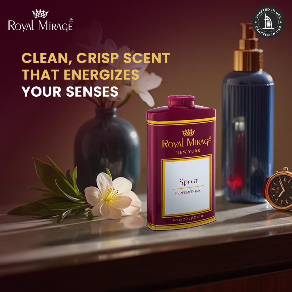 Royal Mirage Sport Deodorizing Talc | Silky Soft & Fresh Skin | Floral & Woody Notes | All-Day Refreshing Comfort | Ideal Post-Gym Talc | Energizing Scent | Unisex Powder | 250g