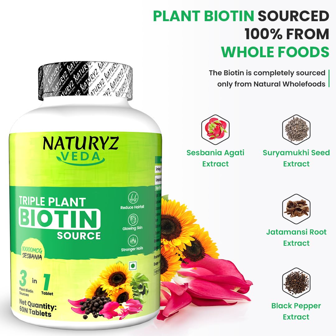 Naturyz Veda triple plant biotin source supplement bottle with flowers on a white background