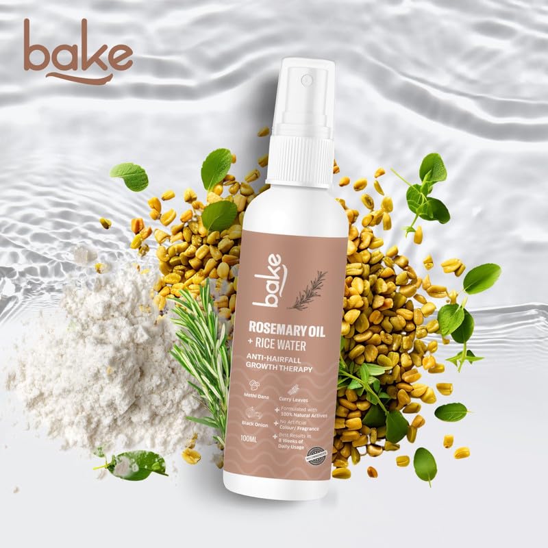 BAKE Rosemary Oil Hair Growth Serum Spray with Rice Water & Methi Dana | For Hair Fall, Hair Regrowth & Keratin Treated | Strengthen Hair Follicles | For Women & Men | 100ml