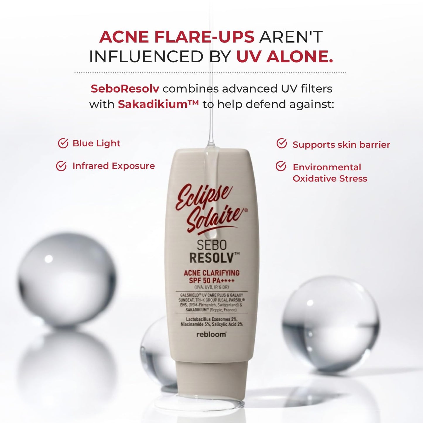 Eclipse Solaire SeboResolv Acne Clarifying SPF 50 PA++++ (UVA, UVB, IR & BR) | No white cast | Non-greasy | Oily/Acne prone skin 60ml