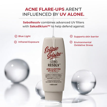 Eclipse Solaire SeboResolv Acne Clarifying SPF 50 PA++++ (UVA, UVB, IR & BR) | No white cast | Non-greasy | Oily/Acne prone skin 60ml