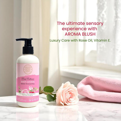 Body lotion bottle with pink label on a marble surface with a rose and towel, text about Aroma Blush.