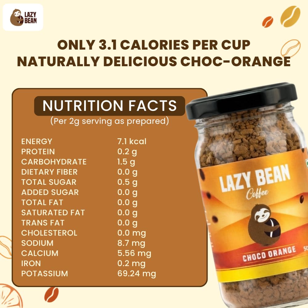Lazy Bean Choco Orange Flavoured Instant Coffee | 100% Arabica Coffee | Medium Roast | Rich Chocolate & Refreshing Orange Flavour | Premium Instant Coffee Powder | Café Style Beverage | 50g