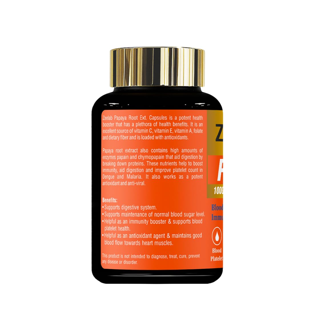 Supplement bottle with gold cap on a white background