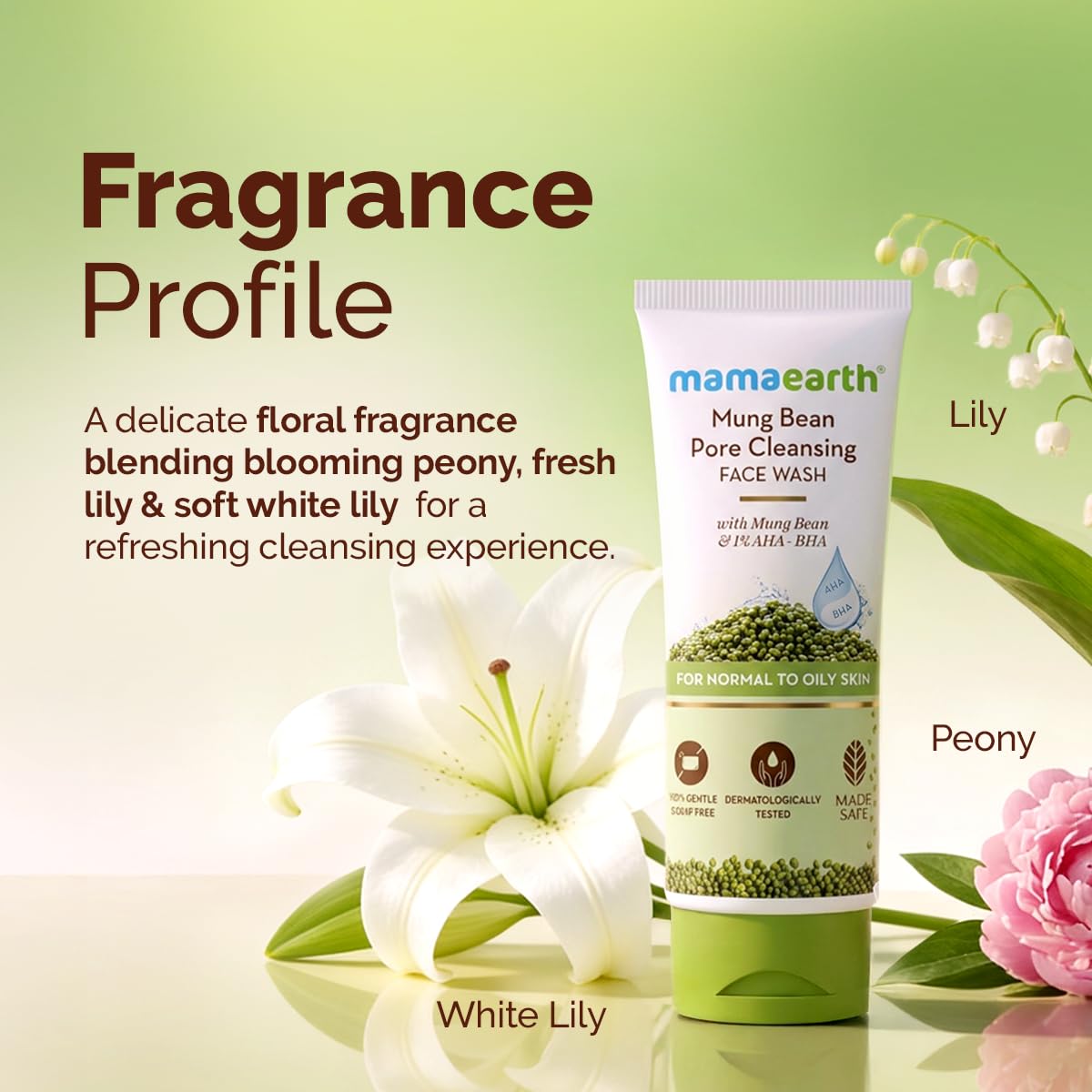 Mamaearth Mung Bean Pore Cleansing Face Wash with Mung Bean, AHA & BHA - 100 ml | For Normal to Oily Skin | India's 1st 100% Soap-Free Face Wash for Deep Pore Cleansing | Made Safe Certified | Oil Control | Tan Removal