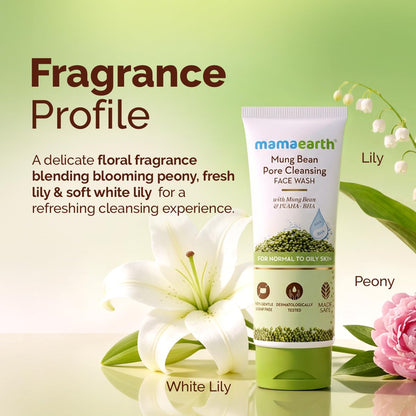 Mamaearth Mung Bean Pore Cleansing Face Wash with Mung Bean, AHA & BHA - 100 ml | For Normal to Oily Skin | India's 1st 100% Soap-Free Face Wash for Deep Pore Cleansing | Made Safe Certified | Oil Control | Tan Removal