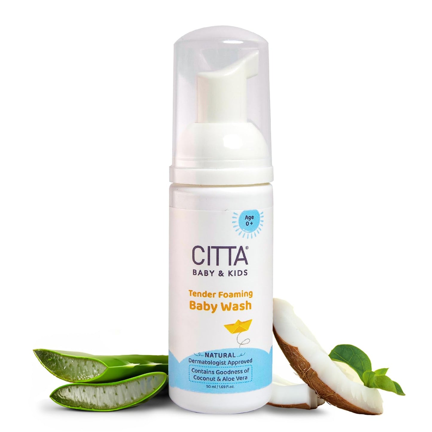 CITTA’s Tender Foaming Baby Wash with Coconut & Aloe vera | Soothe Dry Itchy Skin | Natural Baby Body Wash for Bath | Skin Friendly pH | Dermatologically Tested | 0-10 Years | 50ml