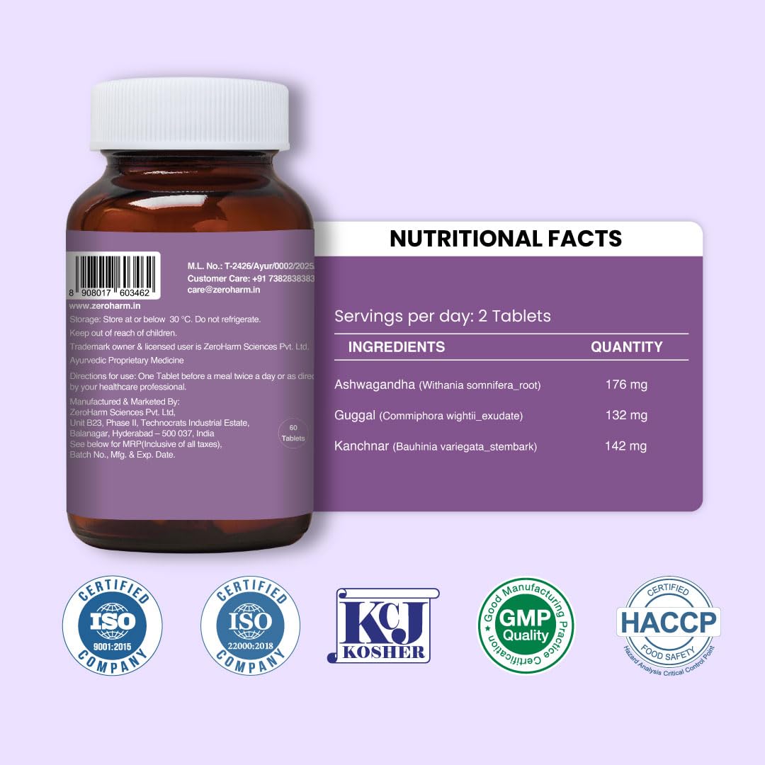 ZEROHARM Narie Thyroid Supplement | With Ashwagandha, Guggul & Kachnar for Women | Supports Energy, Metabolism, Mood, Thyroid Health (TSH, T3, T4 Levels) & Weight Management | 60 Nano Tablets
