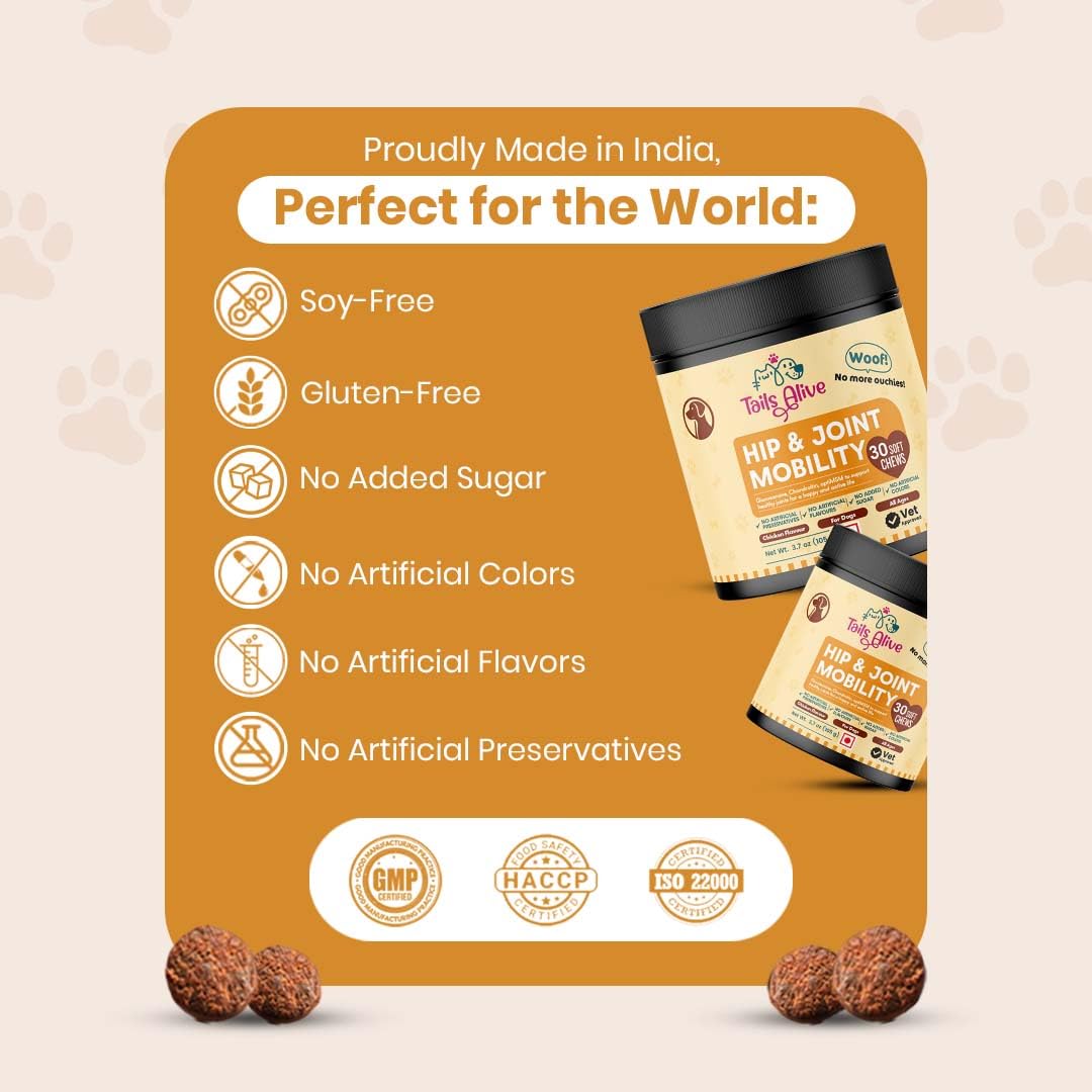 TailsAlive Hip & Joint Soft Chews Supplement for Dogs | Glucosamine, Chondroitin, MSM| for Mobility & Flexibility | Chicken Flavor | 30 Soft Chews