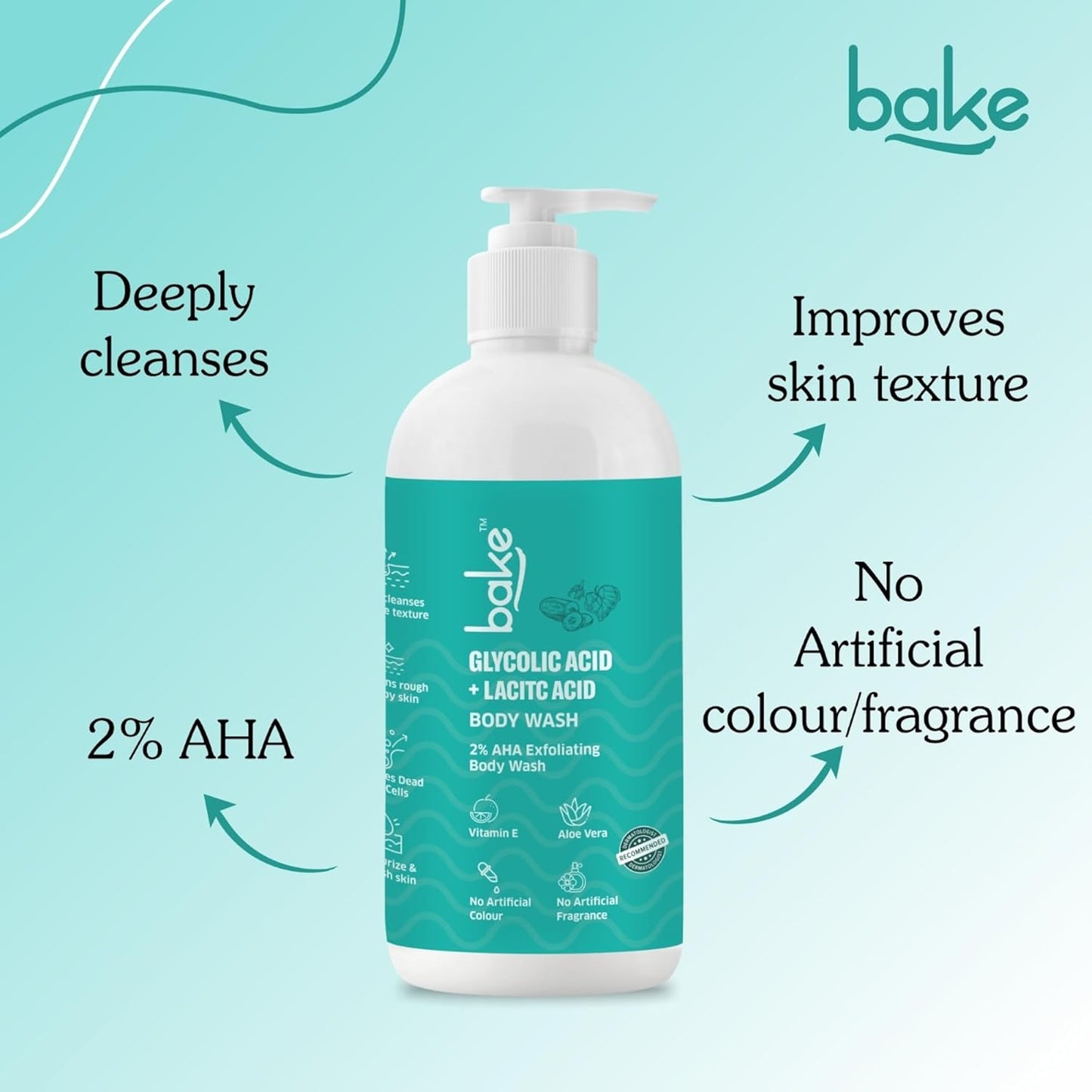 BAKE 2% Lactic & Glycolic Acid Body Wash for Tan Removal, Strawberry & Uneven Skin | Anti-Bacterial & Inflammatory | For Dry, Rough & Bumpy Skin | For Women & Men | 250ml