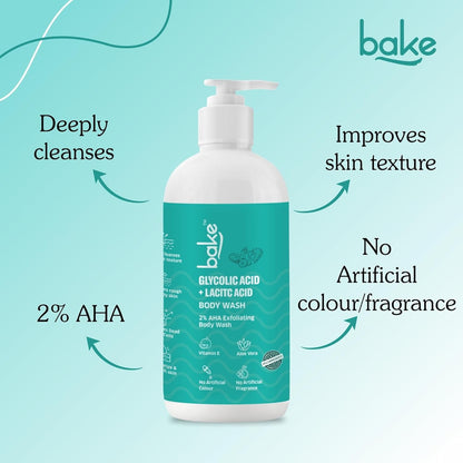 BAKE 2% Lactic & Glycolic Acid Body Wash for Tan Removal, Strawberry & Uneven Skin | Anti-Bacterial & Inflammatory | For Dry, Rough & Bumpy Skin | For Women & Men | 250ml