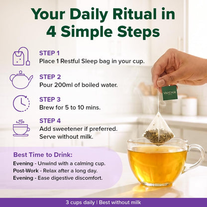VAHDAM Restful Sleep Herbal Infusion | Promotes Deep Sleep & Helps with Insomnia, Snoring | Caffeine Free | 8-Herb Blend | 30 Tea Bags