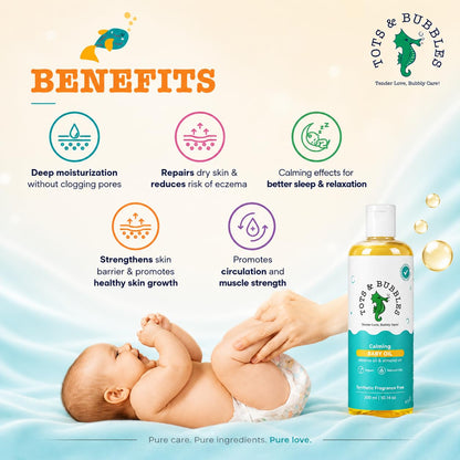 Tots & Bubbles 100% Natural Baby Massage Oil | Almond, Olive & Mustard Oil Blend for Skin & Hair | Lightweight, Non-Sticky & Gentle for Newborn – 300 ml