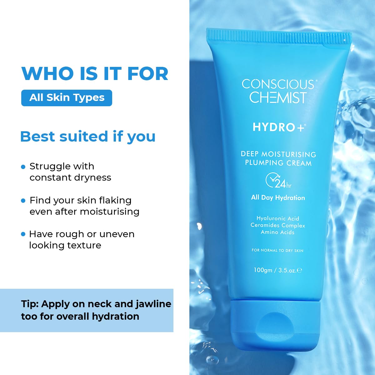 Blue tube of Conscious Chemist Hydro+ cream with water background