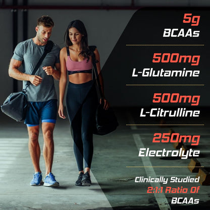 Two people walking together with nutritional supplement information displayed on a dark background