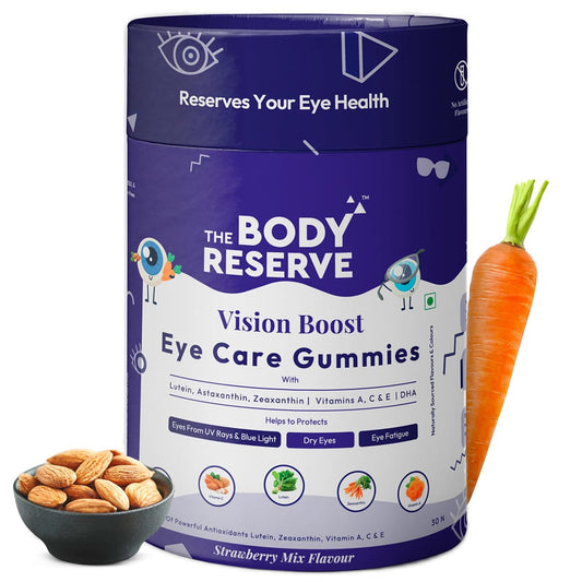 Body Reserve Vision Boost Eye Care Gummies packaging with a carrot and bowl of nuts on a white background