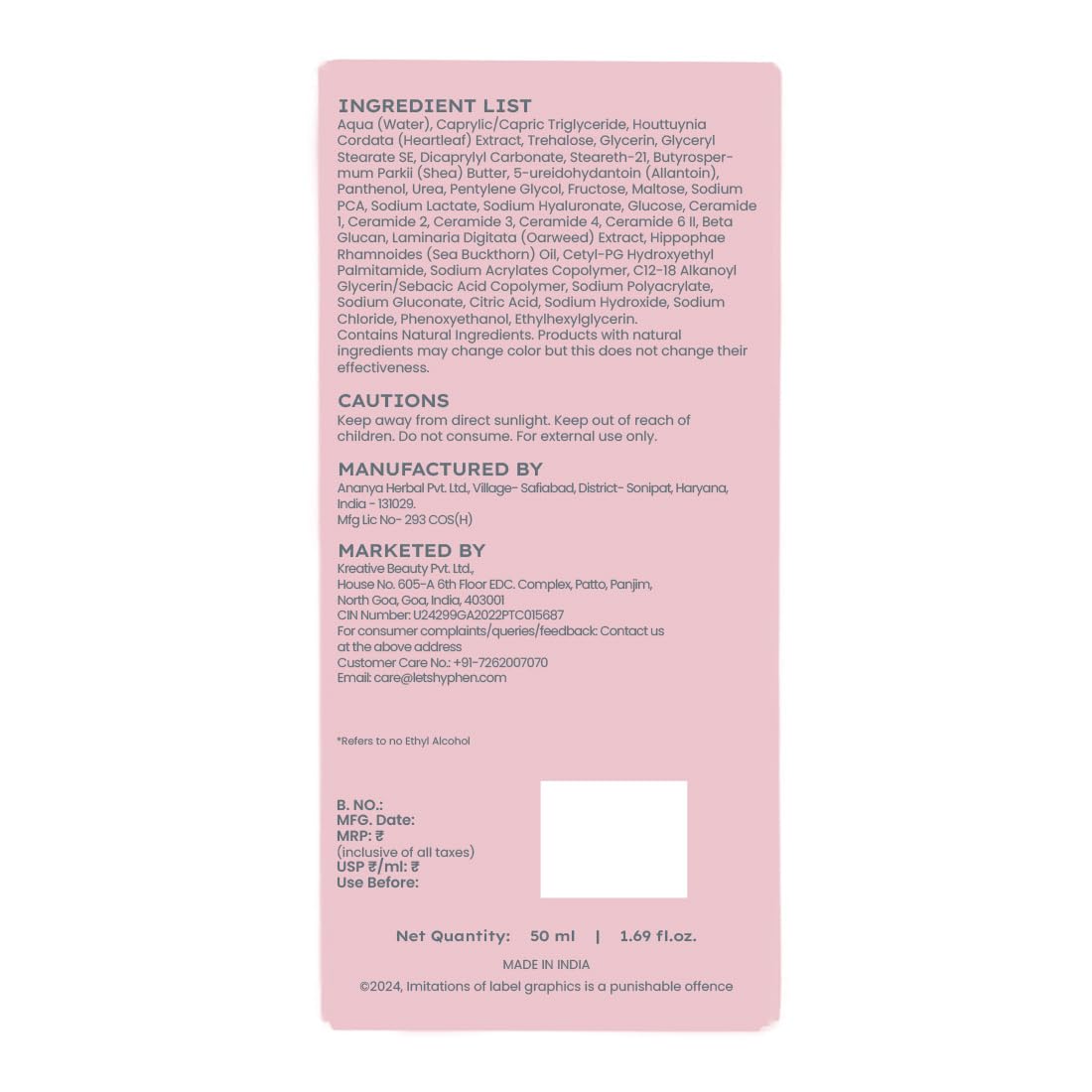 Pink ingredient label with text on a white background