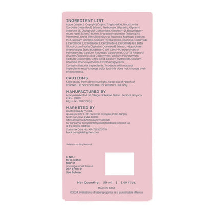 Pink ingredient label with text on a white background