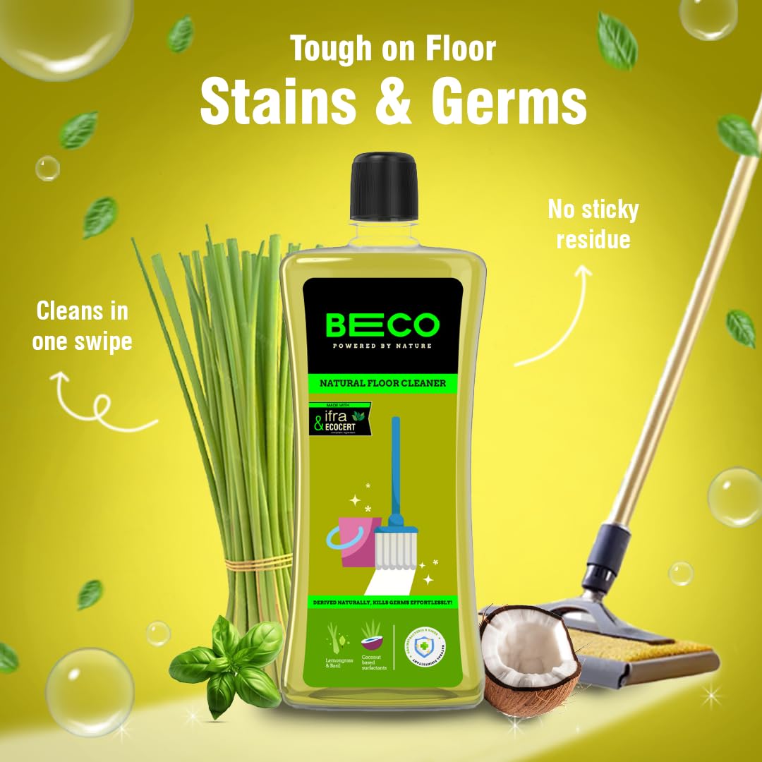 Beco Natural Disinfectant Surface & Floor Cleaning Liquid | 1L Bottle | Non Toxic Germ Kill Formula | Lemongrass & Basil Freshness | Safer Than Phenyl | Kids Safe & Pet Friendly Floor Cleaner Liquid