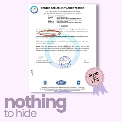 Certification document from the Centre for Cruelty-Free Testing with a 'Good for Eyes' badge and 'nothing to hide' text on a light purple background.