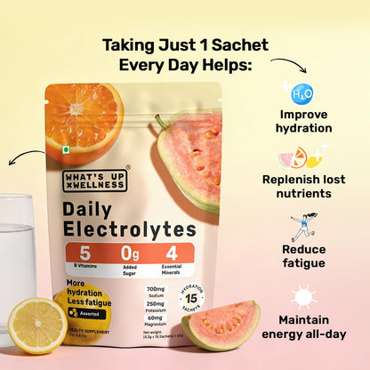 What's Up Wellness Daily Electrolytes Powder - Assorted Flavour Pack | Zero Added Sugar | Instant Hydration - Sodium, Potassium, Magnesium & Zinc | Vegan - 15 Sachets