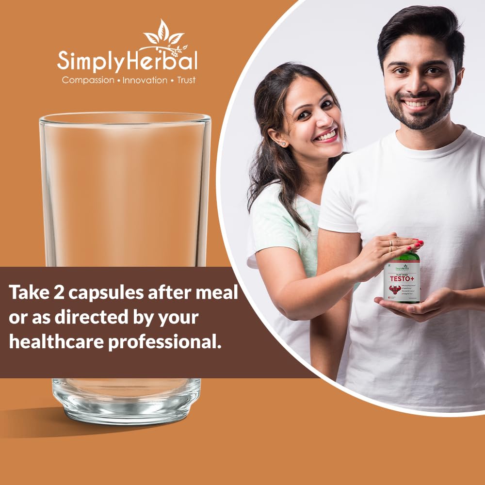 Simply Herbal Testo+ Supplement for Men With Kaunch Beej & Ashwagandha, Testo Booster Supplement, Boost Muscles Growth & Energy, Increase Athletic Performance, Natural Herbs (60 Veg Capsules)