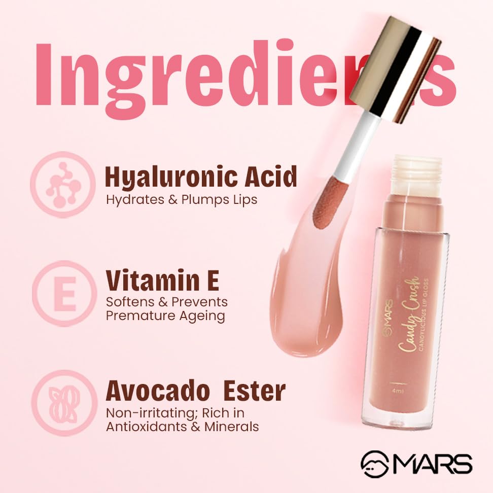 MARS Candylicious Sheer Lip Gloss for Women | Hydrating & High Shine | Lightweight | Non-Sticky | Enriched with Vitamin-E, Hyaluronic Acid & Avocado Ester (4.0ml) (10-FUJI GUM)