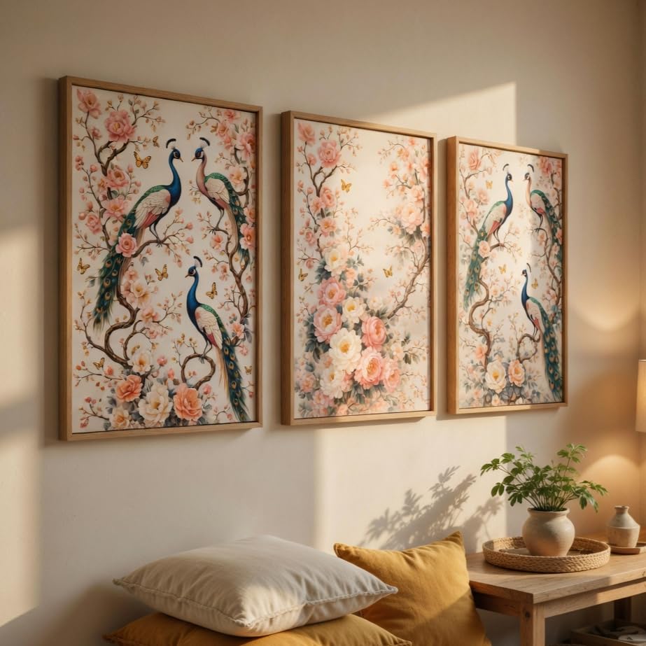 Peacock Floral Wall Painting Set of 3 with Wooden Frames | Elegant Bird & Blossom Artwork HD Sparkle Laminated MDF Wall Decor | Botanical Peacock Wall Art for Living Room Bedroom Hallway