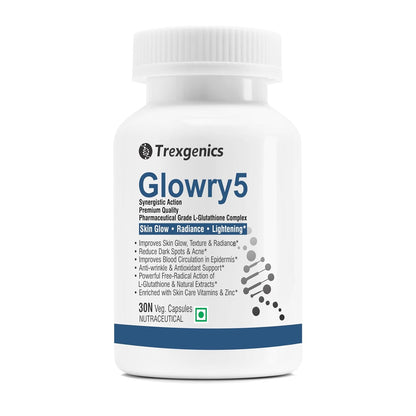 Trexigenics Glowry5 supplement bottle on a white background