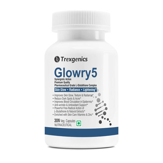 Trexigenics Glowry5 supplement bottle on a white background