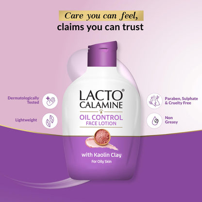 Lacto Calamine oil control face lotion bottle with purple cap on a pink and purple gradient background.